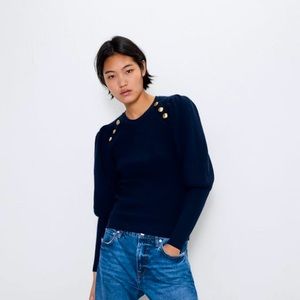 Zara Navy Gold Button Puff Sleeve Sweater